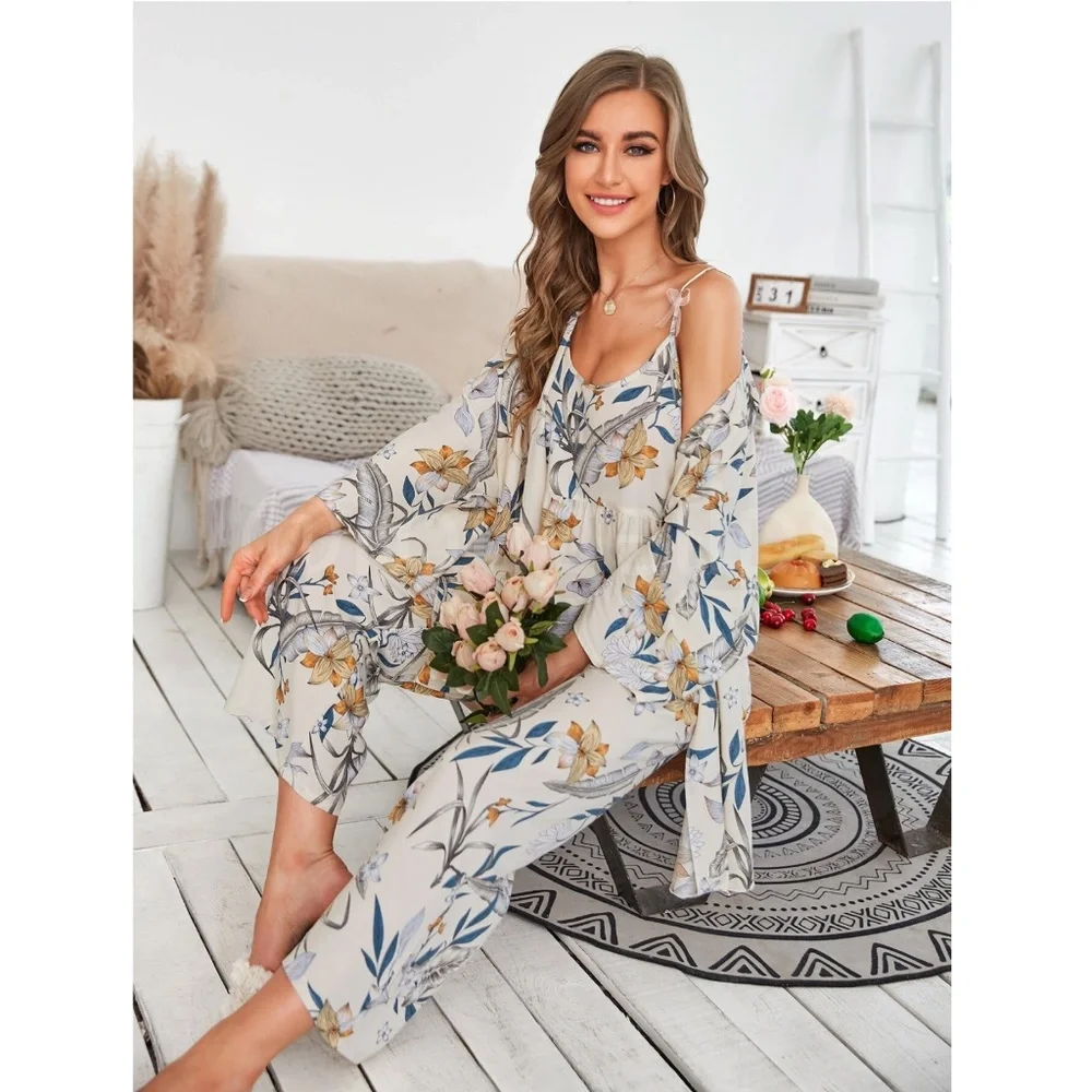 3 Piece Beige Floral Print Pajama Set - Picture 3 of 7